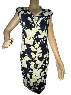 Ralph Lauren Floral Side Draped Sheath Dress Navy Blue Cream